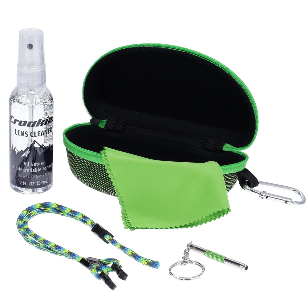 Croakies Eyewear Care Kit with 1(2oz) All Natural VOC Free Lens Cleaner + (1) Hard Case + (1) Microfiber Cloth + (1) Eyewear Retainer + (1) Repair Tool (Green)