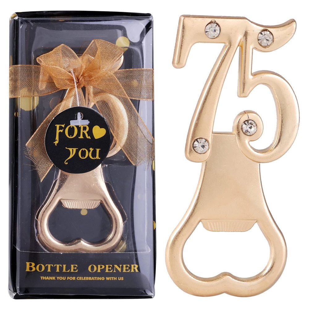 18 Pack 75th Birthday Bottle Opener for Party Favors, Wedding Anniversaries, Souvenirs, Gifts & Table Decorations with Individual Gift Box