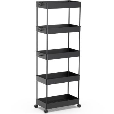 SPACEKEEPER 5-Tier Rolling Cart, Bathroom Storage Organizer Utility Cart, Mobile Shelving Unit Slide Out Shelves for Kitchen Living Room Laundry Room & Dressers, Black