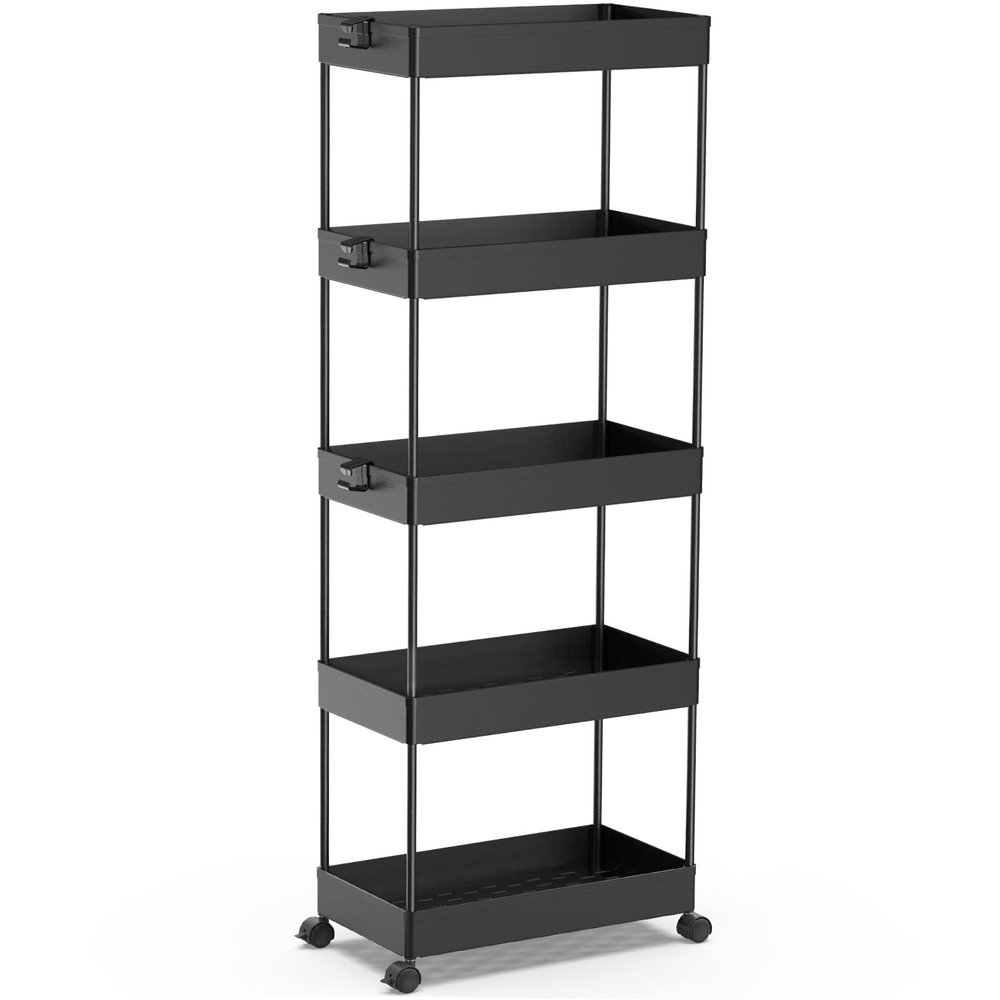 SPACEKEEPER 5-Tier Rolling Cart, Bathroom Storage Organizer Utility Cart, Mobile Shelving Unit Slide Out Shelves for Kitchen Living Room Laundry Room & Dressers, Black