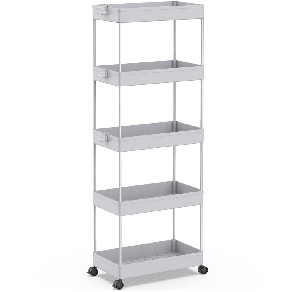 SPACEKEEPER 5-Tier Rolling Cart, Bathroom Storage Organizer Utility Cart, Mobile Shelving Unit Slide Out Shelves for Kitchen Living Room Laundry Room & Dressers,Gray