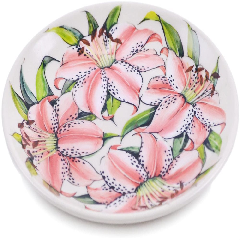 Polmedia Polish Pottery Dessert Plate UNIKAT - Pink Lily Pattern Handmade in Boleslawiec Poland + Certificate of Authenticity