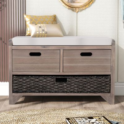 Merax Storage Bench with 2 Drawer and 1 Removable Baskets,Fully Assembled Entryway Storage Bench Shoe Bench with Removable Cushion for Home Collections