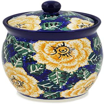 Polmedia Polish Pottery Jar with Lid UNIKAT - Butter Blooms Pattern Handmade in Boleslawiec Poland by Ceramika Artystyczna + Certificate of Authenticity