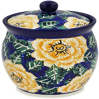 Polmedia Polish Pottery Jar with Lid UNIKAT - Butter Blooms Pattern Handmade in Boleslawiec Poland by Ceramika Artystyczna + Certificate of Authenticity