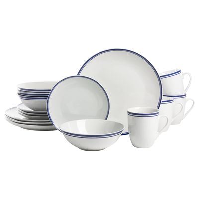 10 Strawberry Street Caf Stripe 16 Piece Coupe Dinnerware Set, Blue
