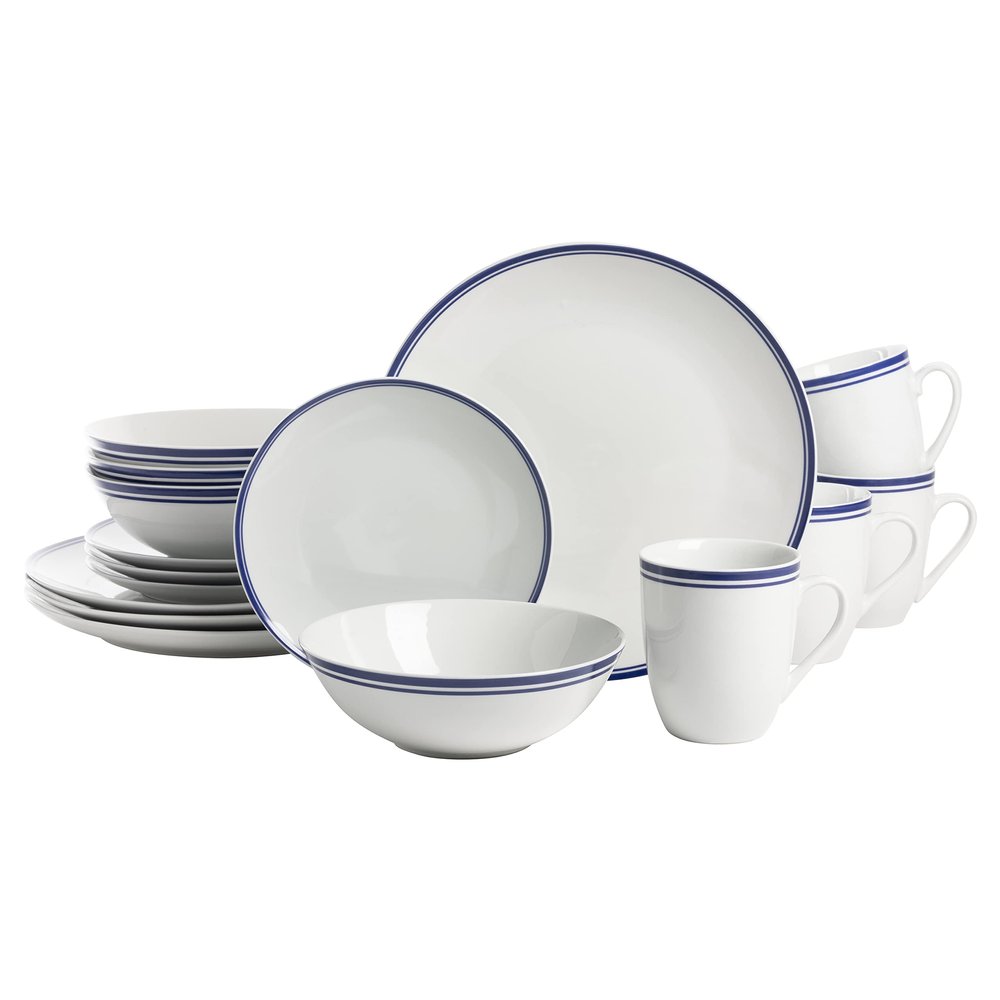 10 Strawberry Street Caf Stripe 16 Piece Coupe Dinnerware Set, Blue