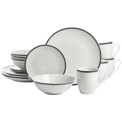 10 Strawberry Street Caf Stripe 16 Piece Coupe Dinnerware Set, Black