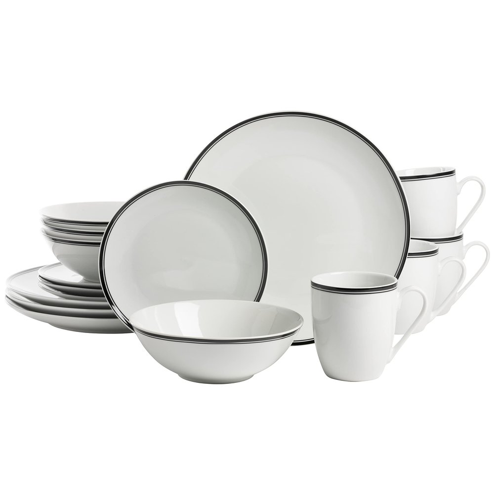 10 Strawberry Street Caf Stripe 16 Piece Coupe Dinnerware Set, Black