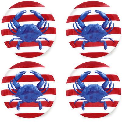 Coastal Living Seascapes Seaside Seashore Melamine Dinner Plates 11-Inch, Set of 4 (Blue Crab on Red and White Stripes)