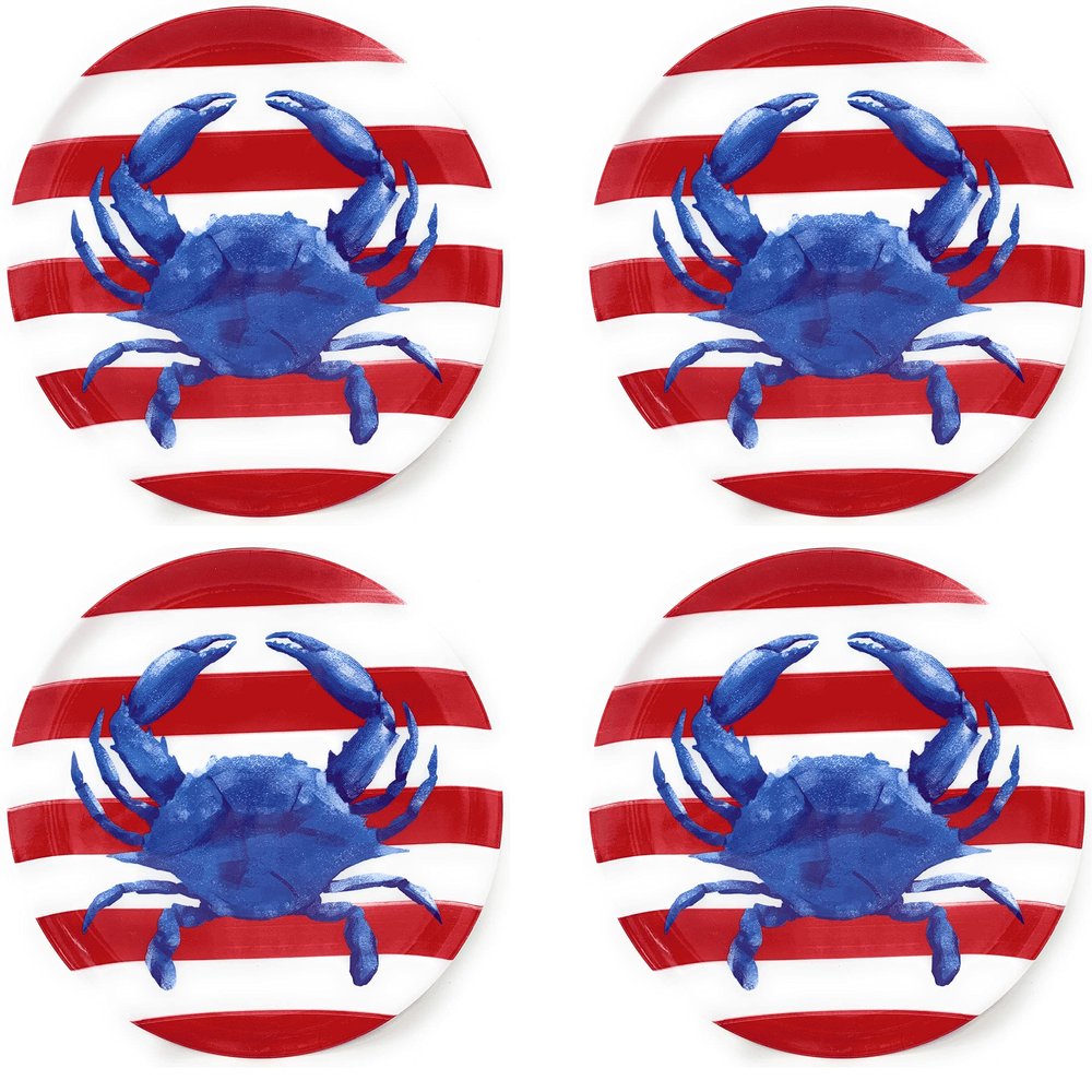 Coastal Living Seascapes Seaside Seashore Melamine Dinner Plates 11-Inch, Set of 4 (Blue Crab on Red and White Stripes)