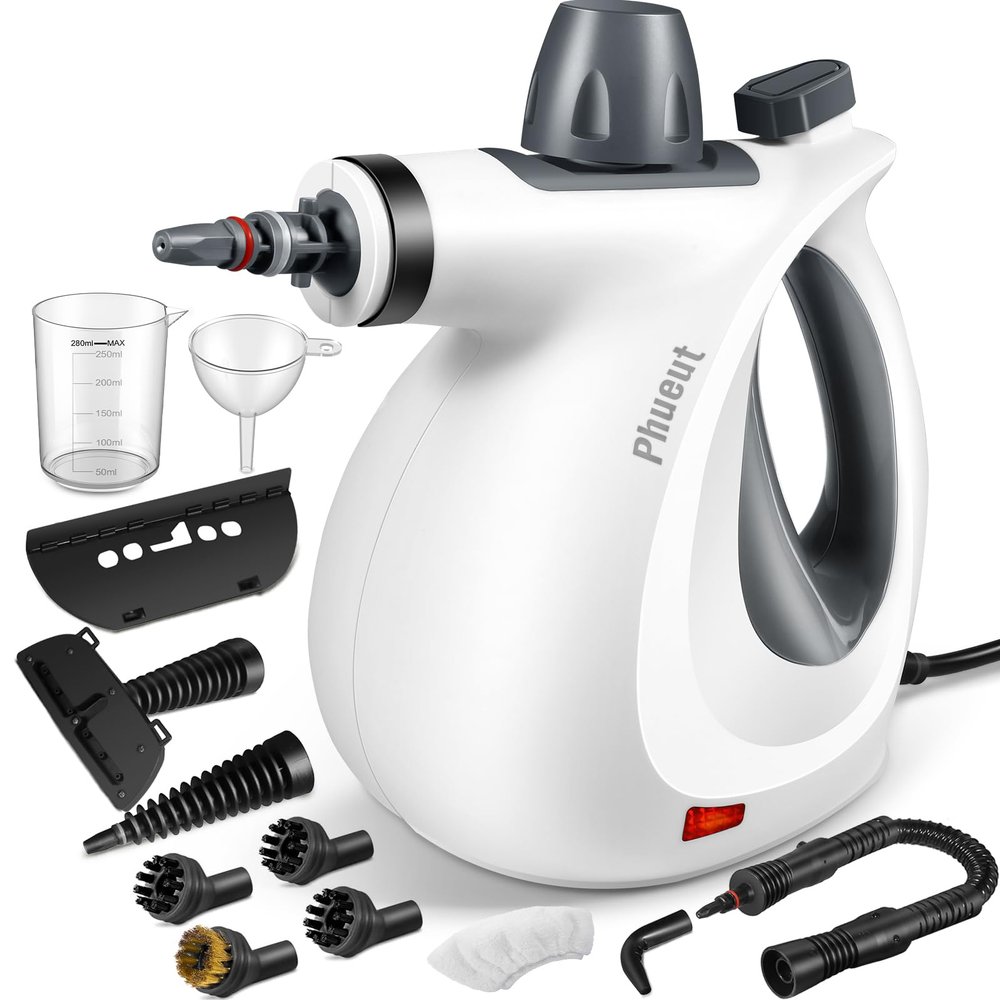 Pressurized Handheld Multi-Surface Natural Steam Cleaner with 12 pcs Accessories, Multi-Purpose Steamer for Home Use, Steamer for Cleaning Floor, Upholstery, Grout and Car (Grey)