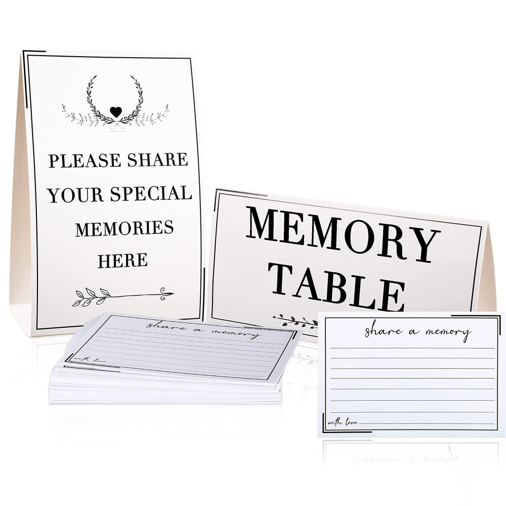Outus 52 Pack Share a Memory Cards with 2 Table Sign Cards, 6x4 Inch Celebration of Life Funeral Decorations for Memorial Service Wedding Birthday Graduation Retirement Party (White)