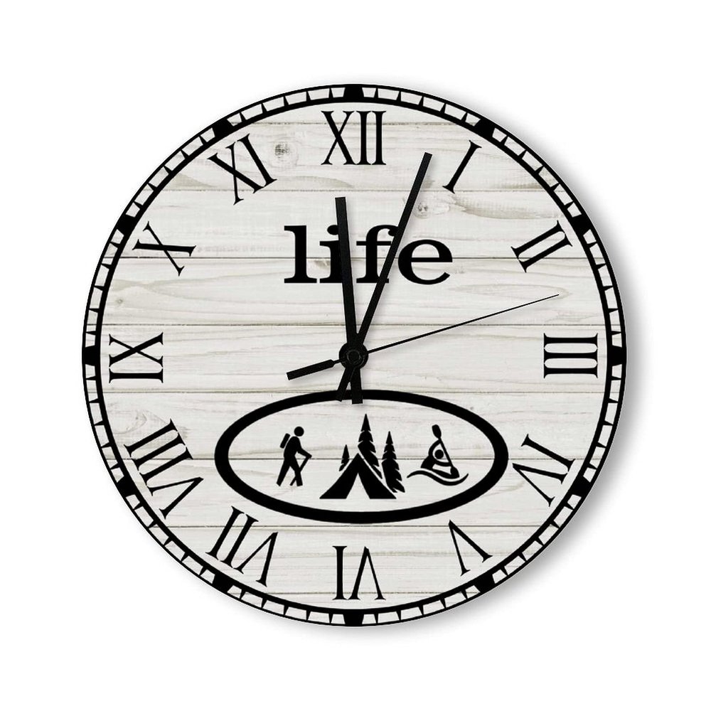 Hiking Camping Ship Oval Round Wall Clock Camping Adventure Lovers Ticking Silent Wood Hanging Watch Easy to Read for Bederoom Kitchen Birthday Gift Housewarming Gift Home Decro