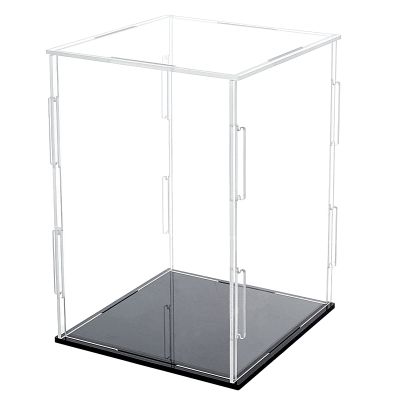 FINGERINSPIRE Acrylic Box with Black Stand and Rubber Band, 4x4x6 inch Cube Clear Acrylic Display Cases for Collectibles, Self-Assembly Dustproof Countertop Box for Toys and Collections