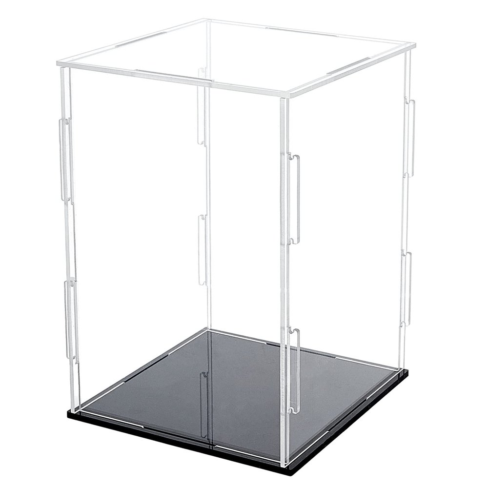 FINGERINSPIRE Acrylic Box with Black Stand and Rubber Band, 4x4x6 inch Cube Clear Acrylic Display Cases for Collectibles, Self-Assembly Dustproof Countertop Box for Toys and Collections