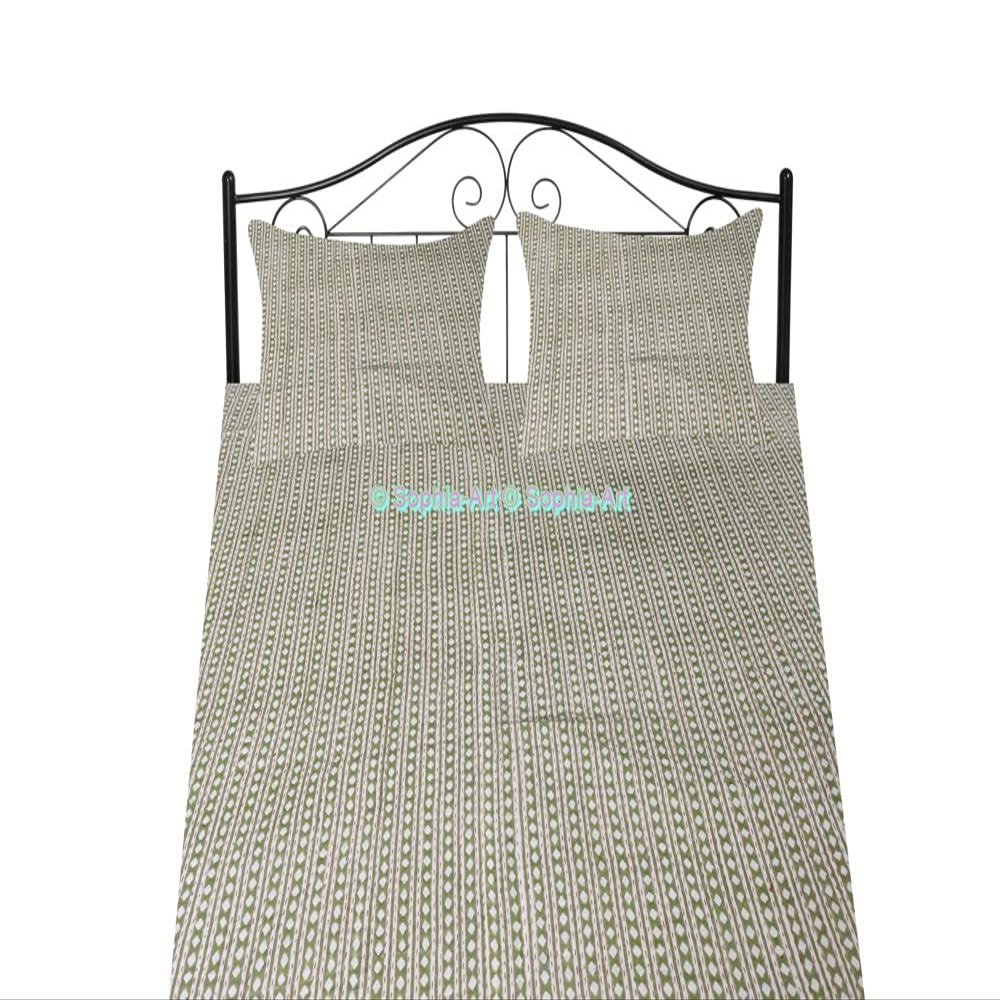 Sophia-Art Indian King/Twin Handmade Bohemian Hand Block Print Pure Cotton Bedspread Kantha Stitch Hippie Kantha Bed Spread Reversible Bedcover Throw Quilt (Green Diamond, 60 * 90" with sham Cover)