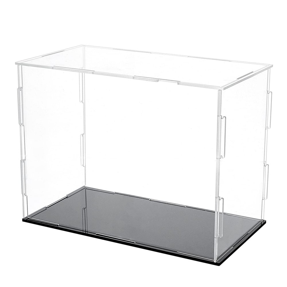 FINGERINSPIRE Acrylic Box with Black Stand and Rubber Band 7.8x4x5.9inch Cube Clear Acrylic Display Cases for Collectibles, Self-Assembly Dustproof Countertop Box for Toys and Collections