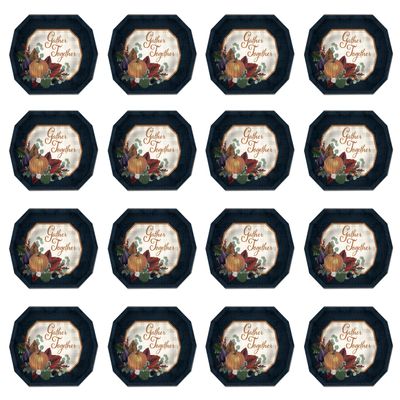 Beistle Fall Thanksgiving Dessert Plates 16 Pack Navy Border Plates with Gold Foil Gather Together Design, Pumpkin and Foliage Print for Autumn Gatherings and Holiday Table Settings, 6" x 7"