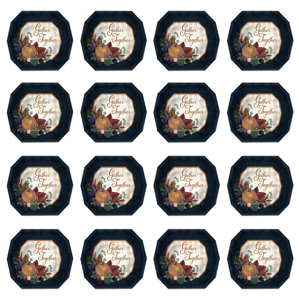 Beistle Fall Thanksgiving Dessert Plates 16 Pack Navy Border Plates with Gold Foil Gather Together Design, Pumpkin and Foliage Print for Autumn Gatherings and Holiday Table Settings, 6" x 7"