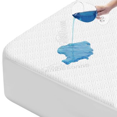 Ambesonne Bed Protector Pad with Waterproof Backing Soft Breathable Texture Geometric Pattern Square Fitted Sheet Style Mattress Cover for Utmost Comfort and Premium Sleep Quality, King White