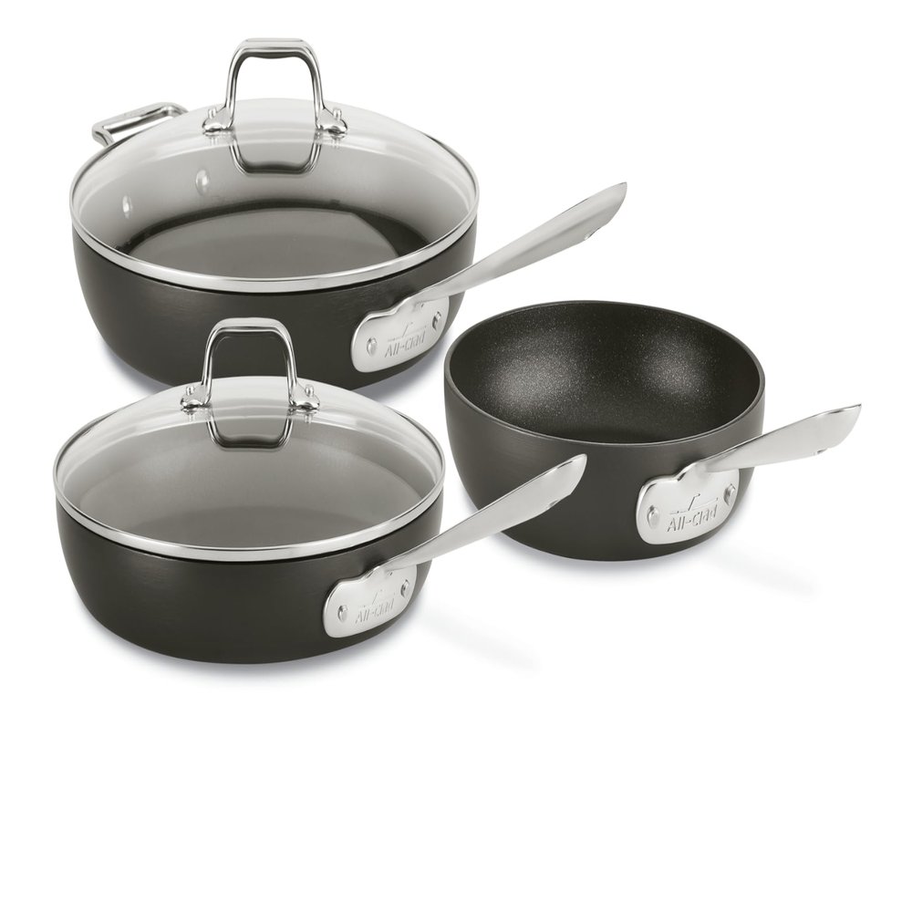 All-Clad HA1 Hard Anodized Nonstick Fry Pan Set 3-Piece Cookware, 8", 10", 12" Skillets with Lid, Induction Compatible, Oven Safe to 500F, Lid Safe to 350F, Black