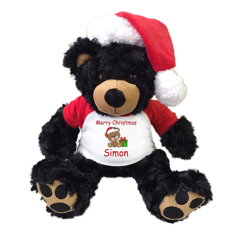 Christmas Teddy Bear with Santa Hat, Personalized with Name - 13 Inch Black Vera Bear