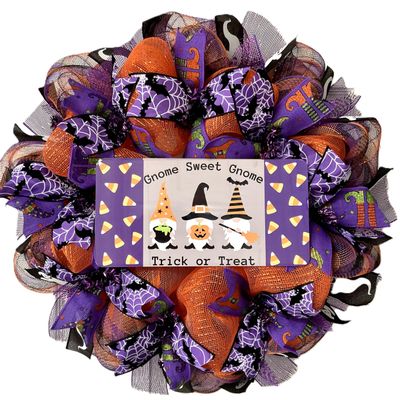 Gnome Sweet Gnome Trick or Treat Halloween Wreath. Available in 24 inch and 28 inch diameters