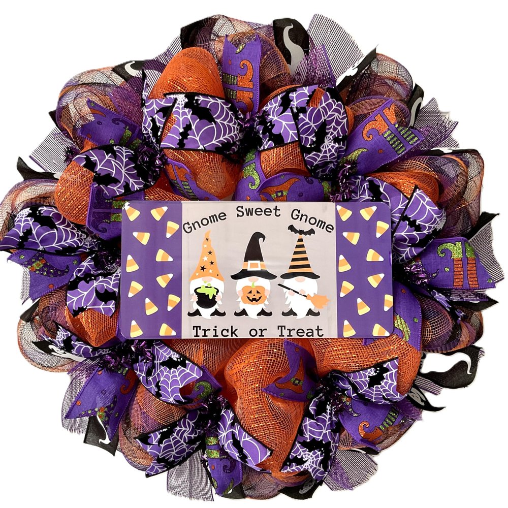 Gnome Sweet Gnome Trick or Treat Halloween Wreath. Available in 24 inch and 28 inch diameters