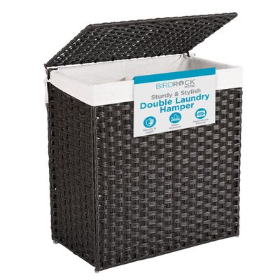 BIRDROCK HOME Divided Laundry Hamper with Lid - Brown - Double Sorter with Liner Bags - Large Collapsible Hampers - Foldable Bin - Synthetic PE Rattan - Hand Woven - Clothes Basket