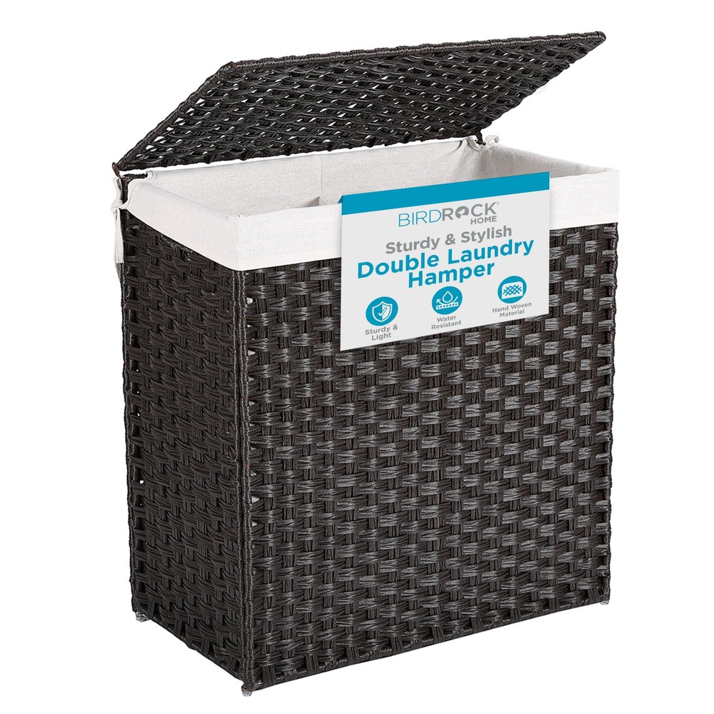 BIRDROCK HOME Divided Laundry Hamper with Lid - Brown - Double Sorter with Liner Bags - Large Collapsible Hampers - Foldable Bin - Synthetic PE Rattan - Hand Woven - Clothes Basket