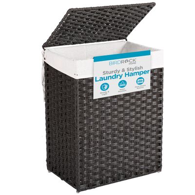BIRDROCK HOME Single Laundry Hamper with Lid - Brown - Liner Bag - Hand Woven - Small Collapsible Hampers - Foldable Bin - Synthetic PE Rattan - Hand Woven - Clothes Basket