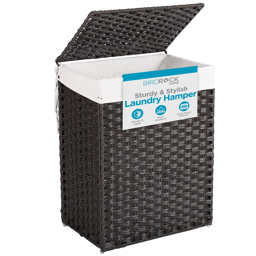 BIRDROCK HOME Single Laundry Hamper with Lid - Brown - Liner Bag - Hand Woven - Small Collapsible Hampers - Foldable Bin - Synthetic PE Rattan - Hand Woven - Clothes Basket