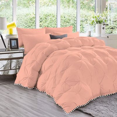 5 Piece Pom Pom Pinch Pleated Comforter Set 800 Thread Count 100% Egyptian Cotton, White Vintage Pom-Pom Fringe (King/California King Size Peach Color)