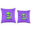 Bright Green Alien Funny Purple Space Gifts & Decor Throw Pillow view 3
