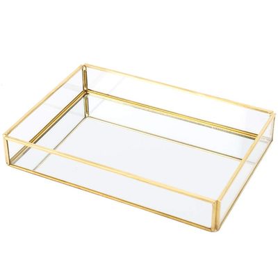 Decorative Tray,Golden Vintage Glass Storage Box Clear Rectangle Box Jewelry Boxes Gold Tray Jewelry Cosmetics Boxes(M)