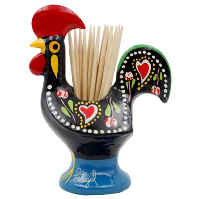 Ibergift 3.5" Hand-painted Traditional Barcelos Portuguese Rooster Aluminum Toothpick Holder (Black)