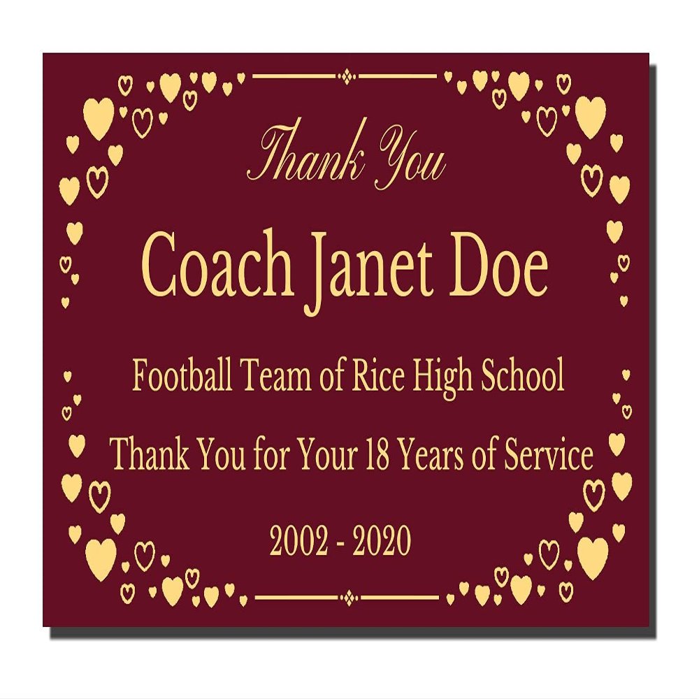2" H x 4" W, Elegant Heart Engraved Brass Plaque, Memorial Name Plate, Maroon Plate with Gold Text, Customize Message, Made in USA