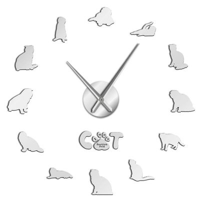 Scottish Fold Cat Mirror Effect Sticker DIY Wall Art Giant Wall Clock Cat Lovers Scot Fold Exclusive Wall Clock Kitty Home Decor Silver 47Inch(120cm)