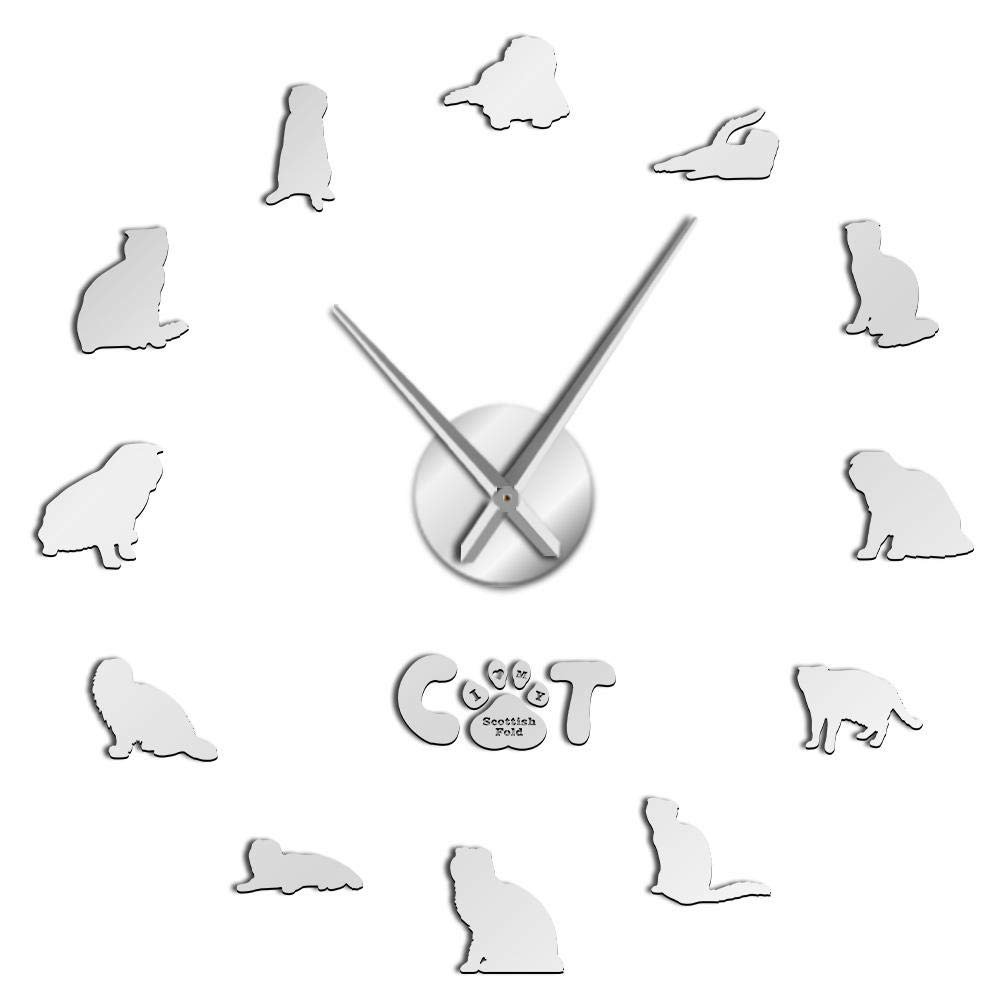 Scottish Fold Cat Mirror Effect Sticker DIY Wall Art Giant Wall Clock Cat Lovers Scot Fold Exclusive Wall Clock Kitty Home Decor Silver 47Inch(120cm)