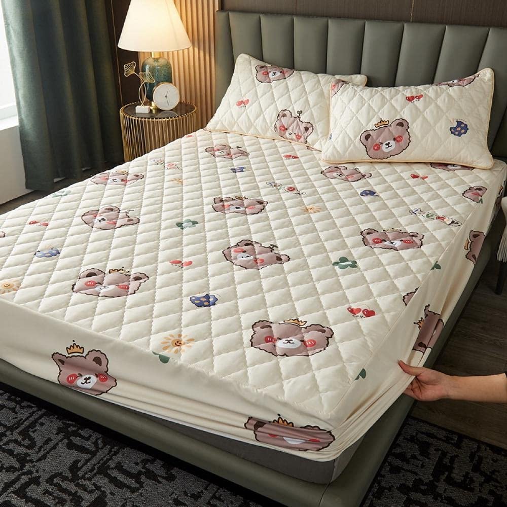 CFYCYHDZHT Bottom Sheets Thick Quilted Waterproof Printed Bed Sheets, Suitable for The Elderly Kids Pure Color Mattress Protector Bear Beige 180cm200cm
