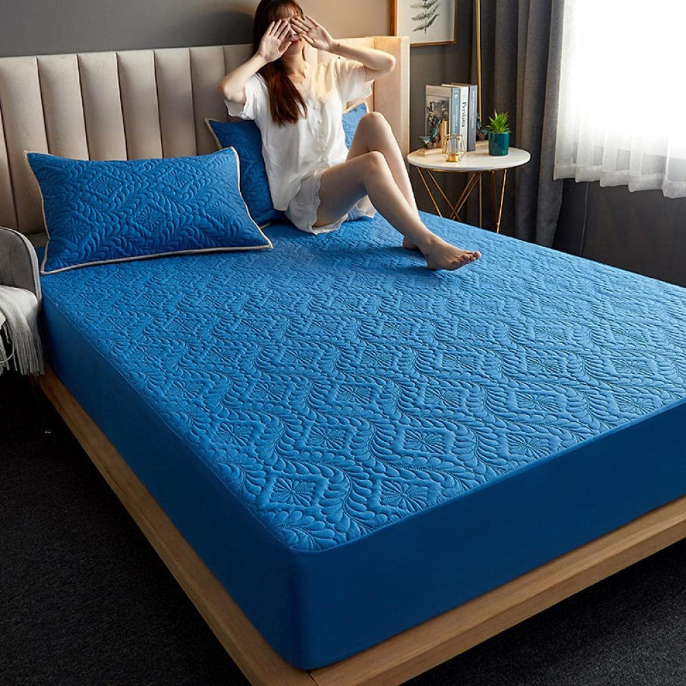 CFYCYHDZHT Bedding Fitted Sheet Thick Quilted Waterproof Printed Bed Sheets, Suitable for The Elderly Kids Pure Color Mattress Protector Blue 150cm200cm