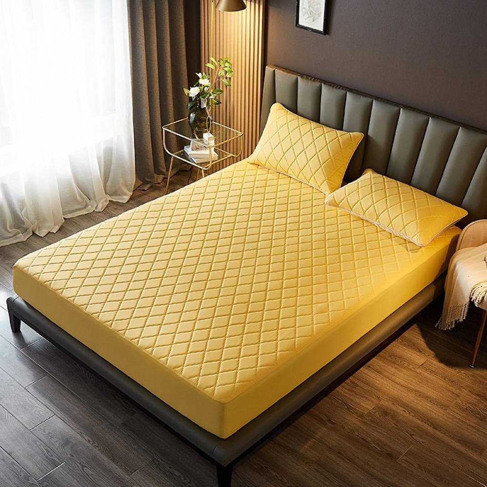 CFYCYHDZHT Bedding Fitted Sheet Deep Thick Quilted Waterproof Printed Bed Sheets, Suitable for The Elderly Kids Pure Color Mattress Protector Yellow 150cm200cm