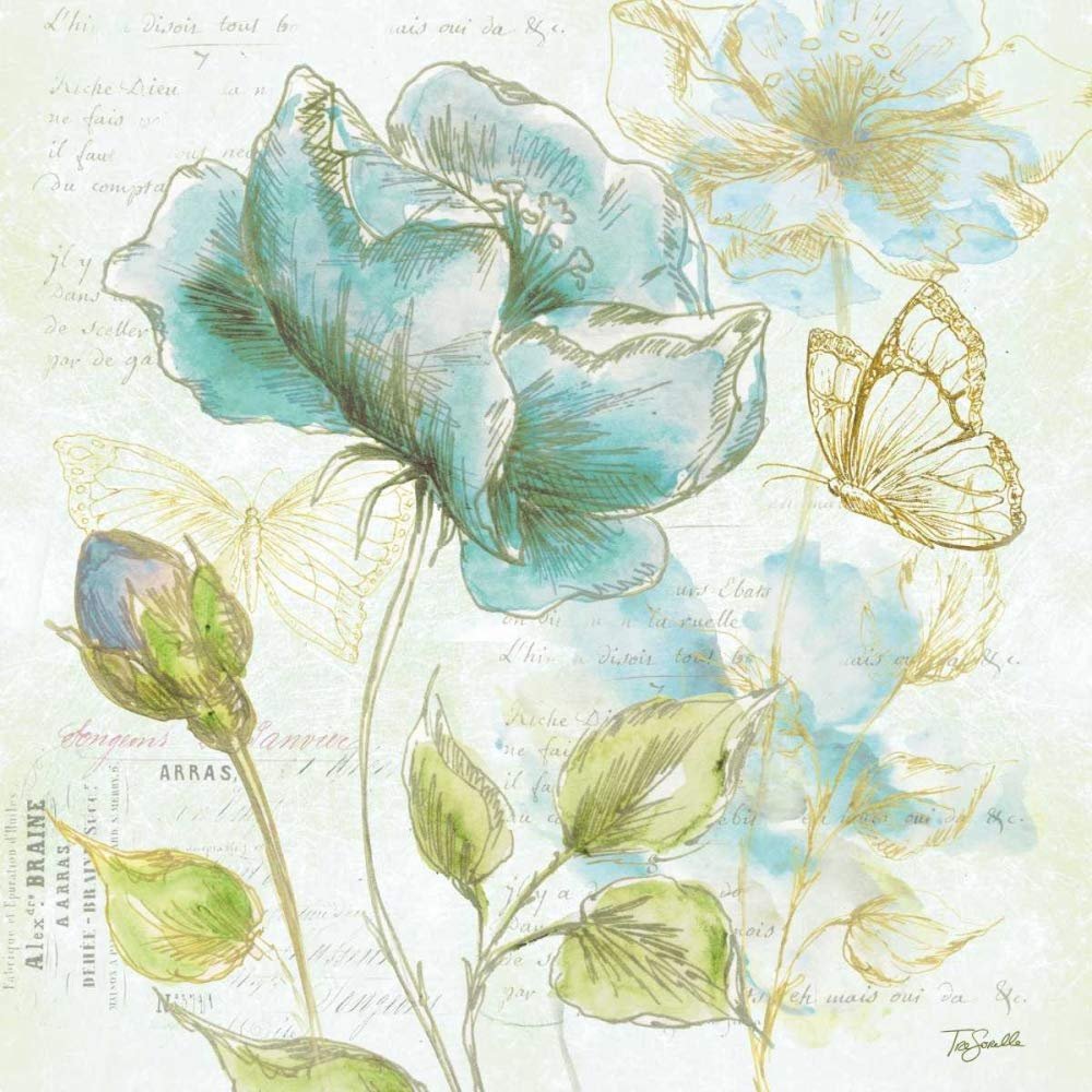 ArtExpert Watercolor Flower Sketch Blue I by Tre Sorelle Studios - 16x16 Art Print Poster