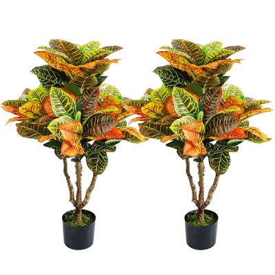 2PCS Artificial Croton Plant, Faux Fiddle Leaf fig Tree,Artificial Trees for Home Decor,Floor Plant,Front Porch Plants with Plastic Pot, Faux Ficus Lyrata Tree,35inch