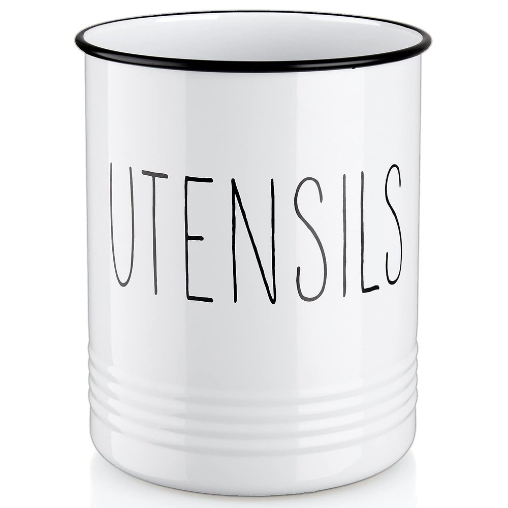 Bivvclaz Kitchen Utensil Holder, 6.7" Utensil Holder for Kitchen Counter, Cooking Utensil Crock with Cork Bottom, Modern Farmhouse Decor, Countertop Utensil Storage Caddy Organizer, White