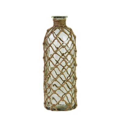 rismart Rustic Glass Bottle Flower Vase with Rope Net Home Decoration Green 20.3 x 6.9 cm