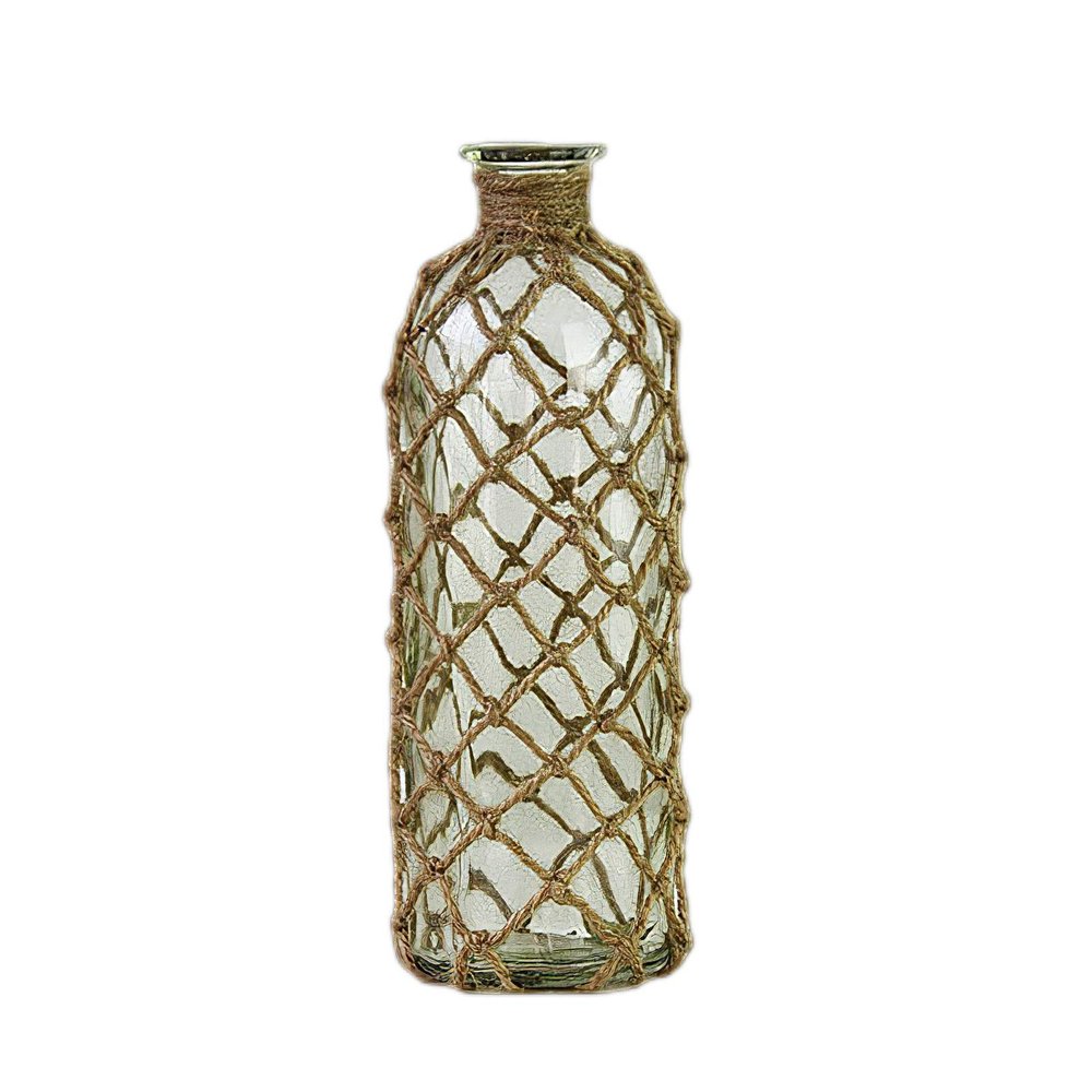 rismart Rustic Glass Bottle Flower Vase with Rope Net Home Decoration Green 20.3 x 6.9 cm