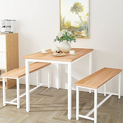 AWQM 3-Piece Dining Table & Chair Set for 4 People, Metal Frame and MDF Board Furniture with Two Benches, Perfect for Home, Kitchen, Dining Room, Breakfast Nook, Cafeteria and Farm House