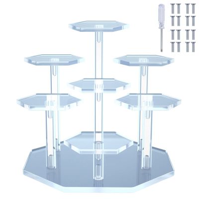 Acrylic Cupcake Stand with Patented 7-Tier Stable Design, Clear Perfume Organizer and Dessert Display Riser, Non-Wobble Tiered Display Stand for Figures, Collections, Vendor Events & Party (Small-Clear)